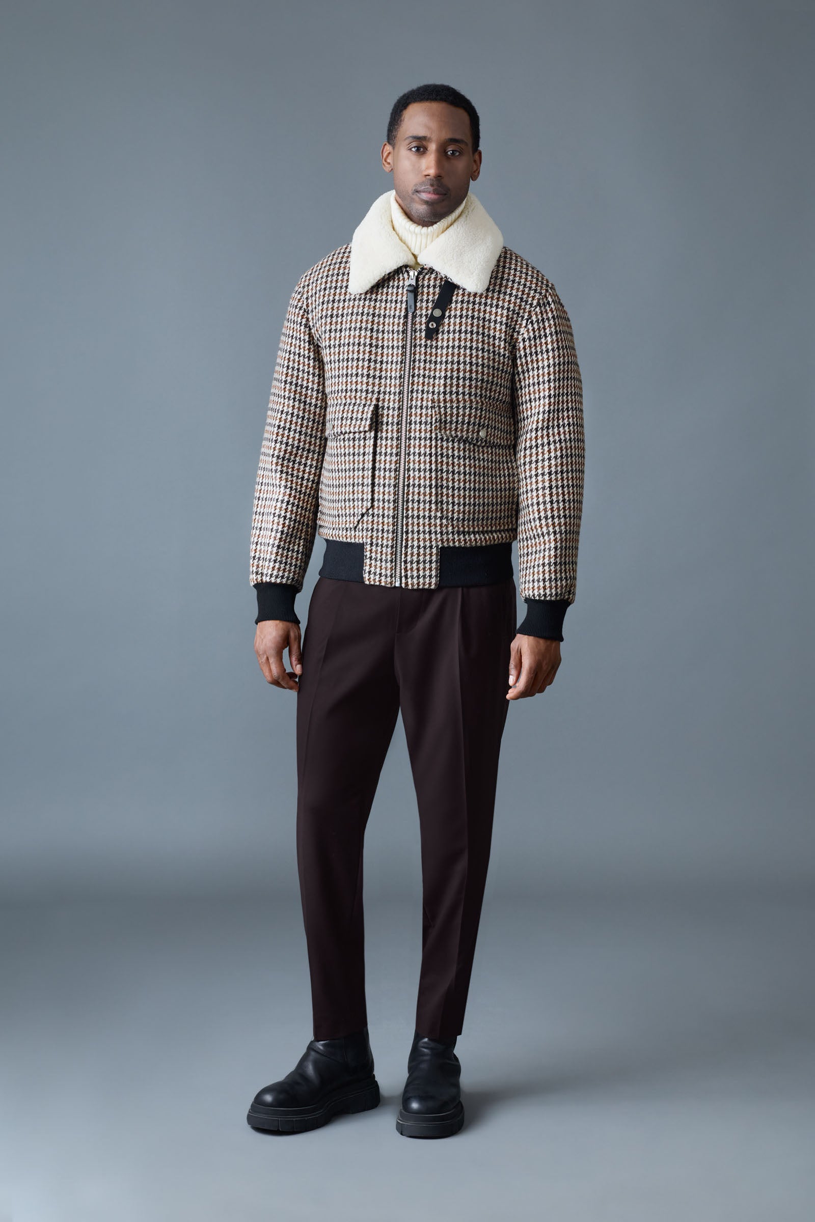 RHETT-HT Houndstooth Wool Bomber with Shearling Collar for Men