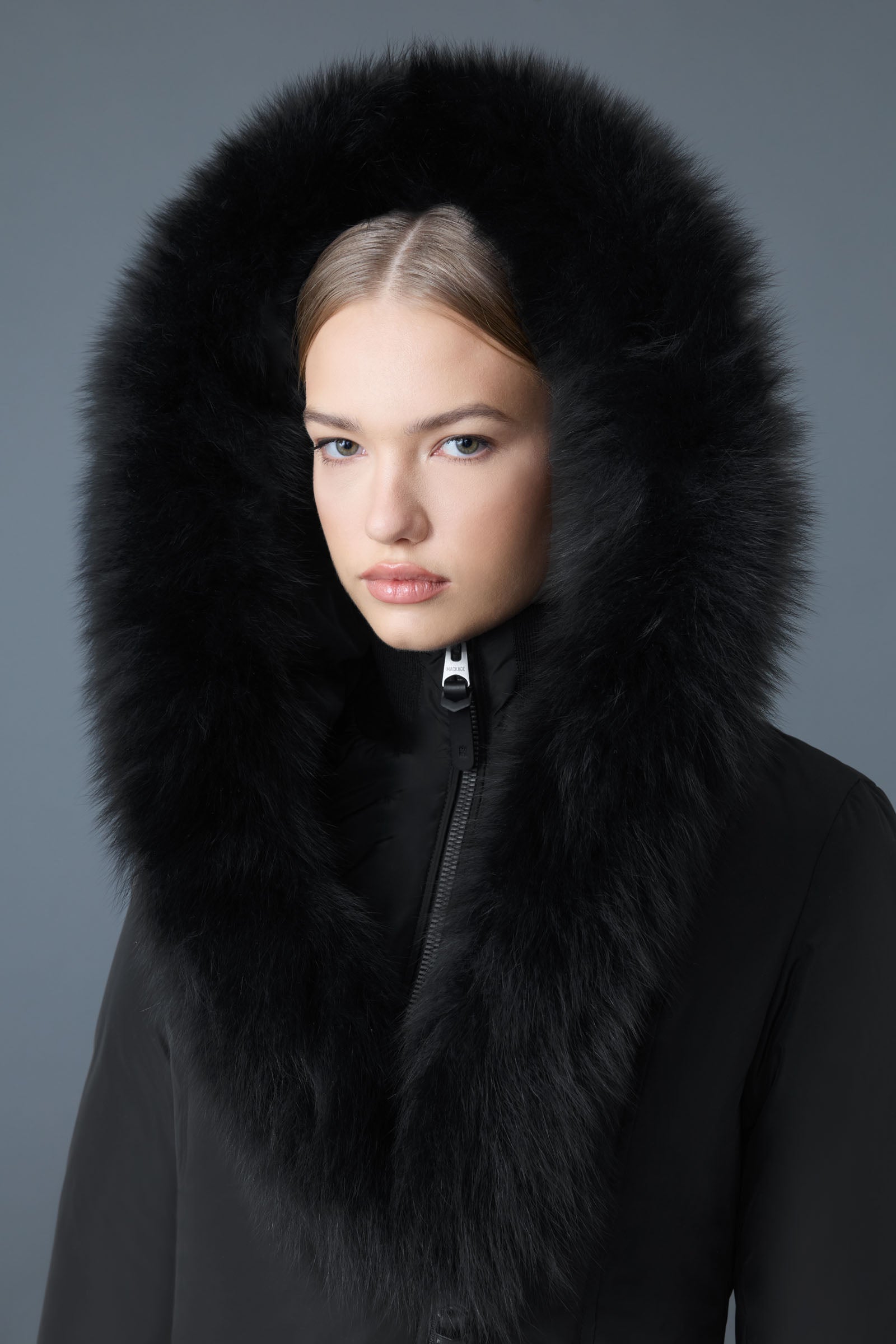 Adali-BX, Down coat with blue fox fur Signature Mackage Collar for