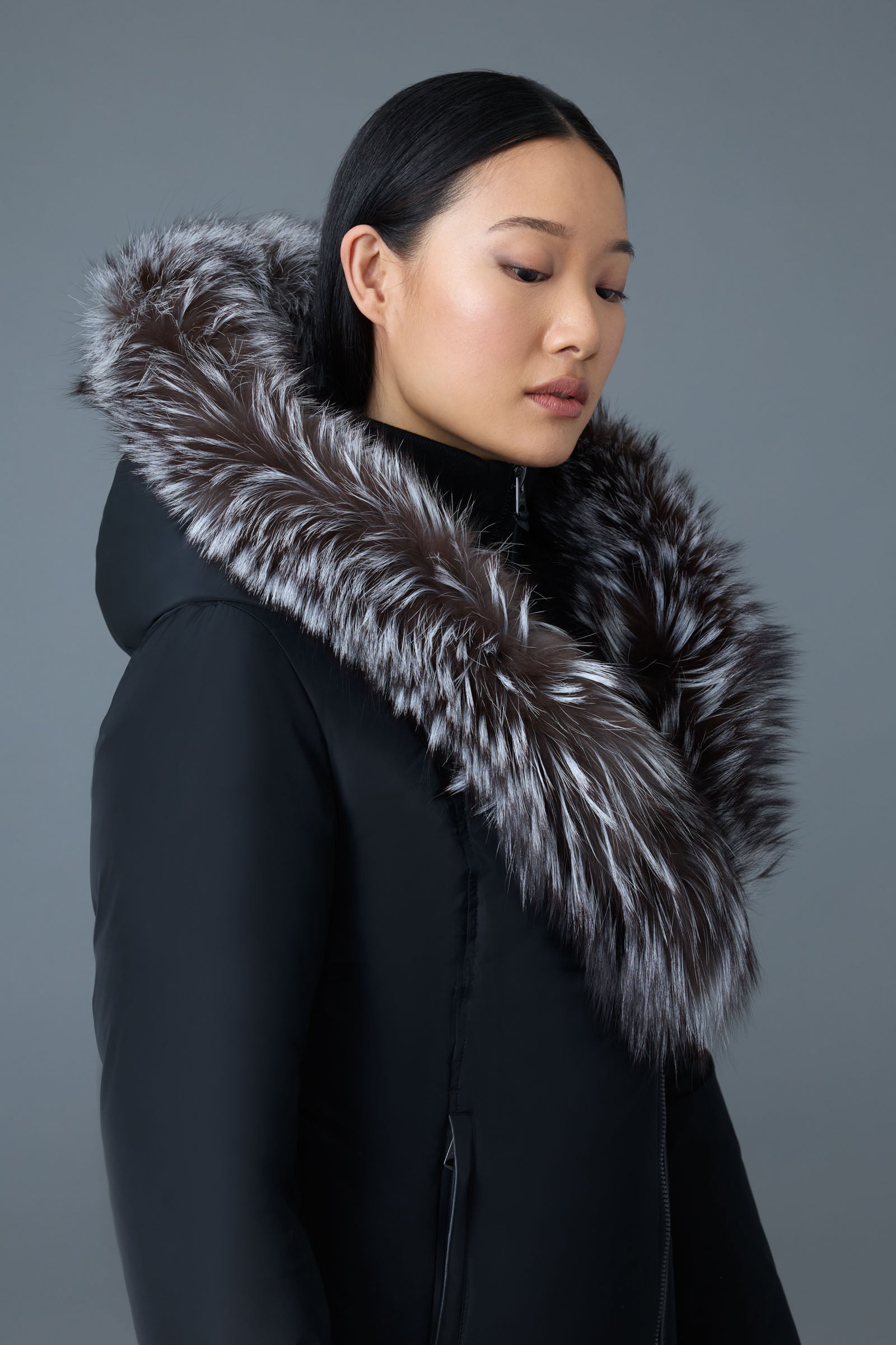 Adali-X, Down coat with silver fox fur Signature Mackage Collar