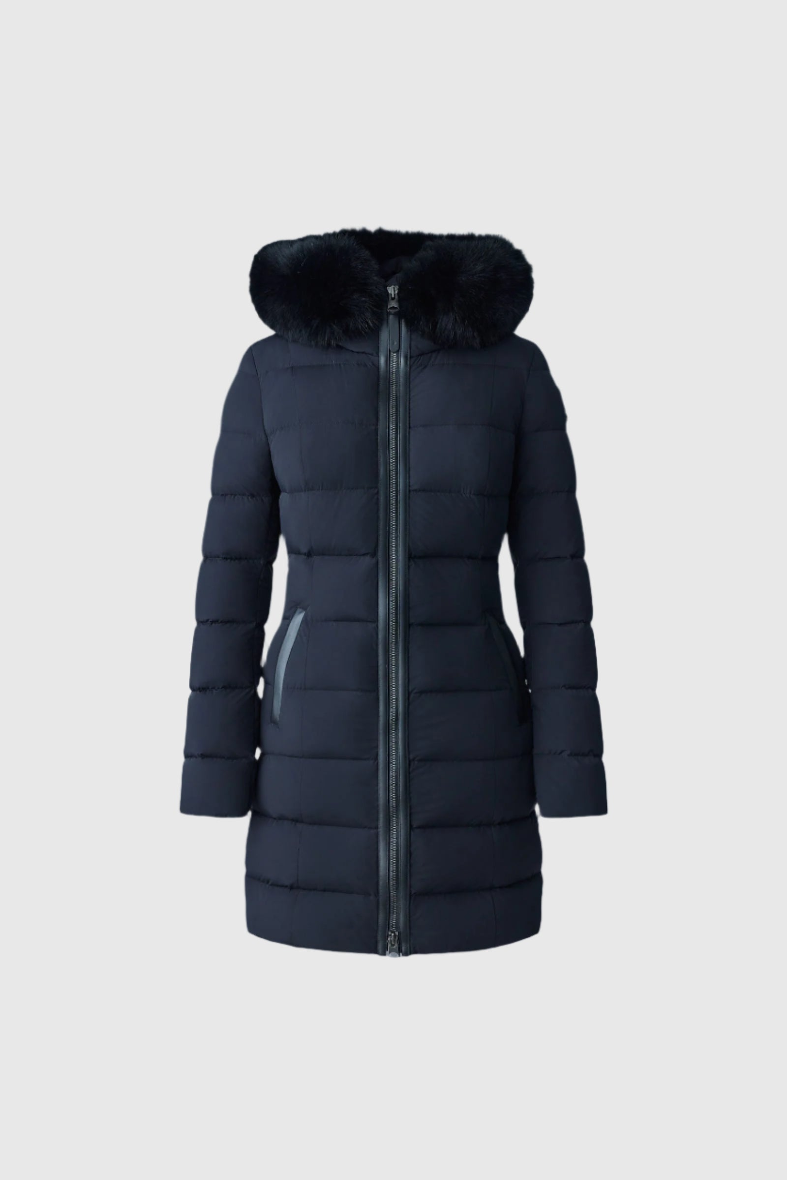 Calla, Agile-360 stretch light down coat with blue fox fur collar