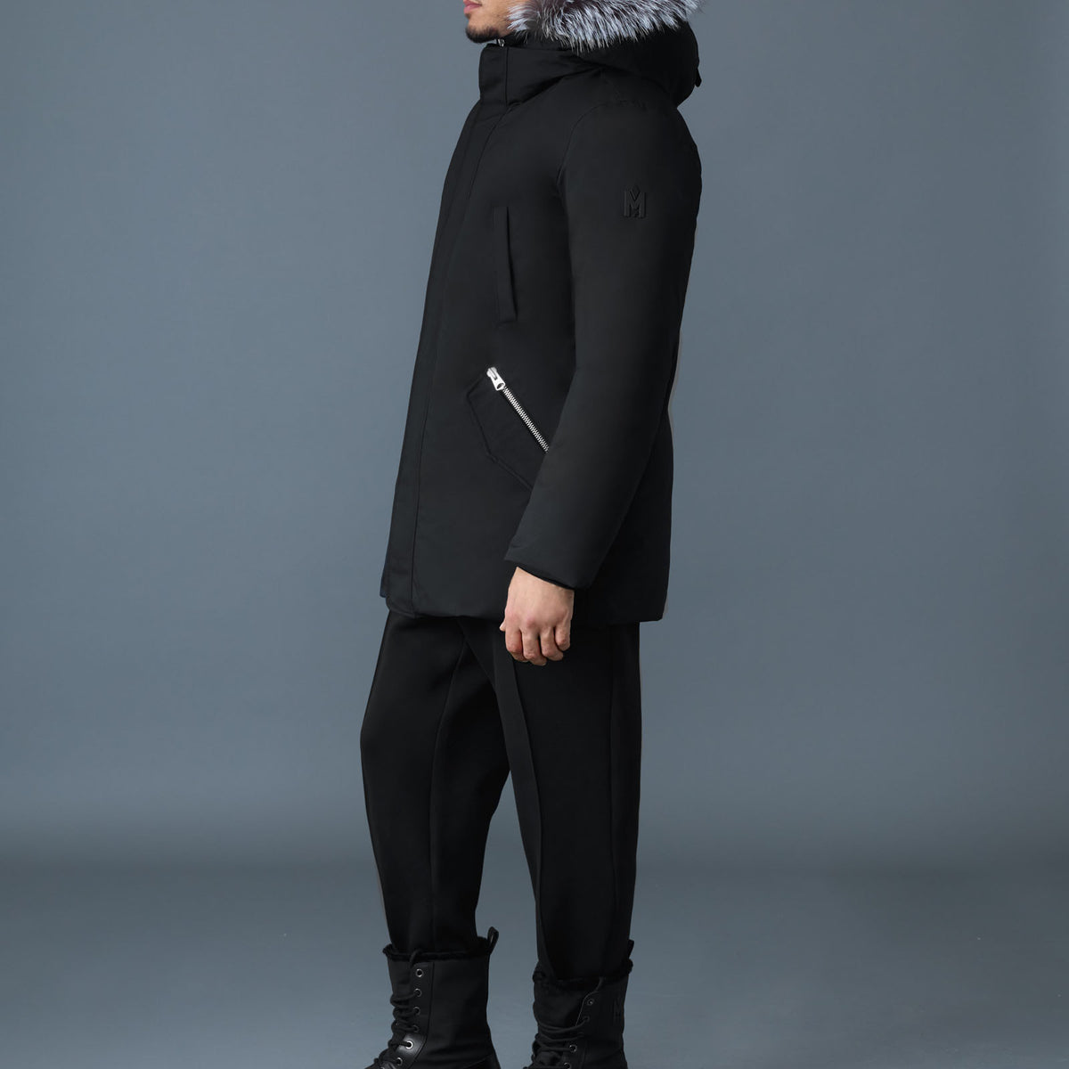Edward 2 in 1 down parka with hooded bib and silver fox fur for men